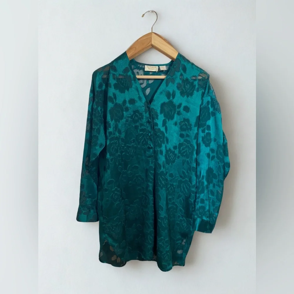 Vintage Victoria’s Secret Gold Label Satin Burnout Dress in Emerald Green Size L
