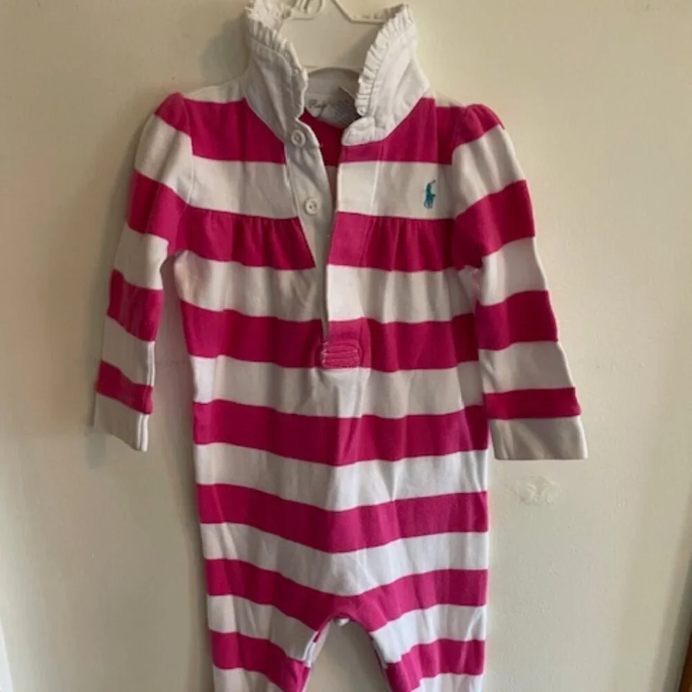 RALPH LAUREN Coverall Romper Long Sleeve Pink White Stripe 9 Mos