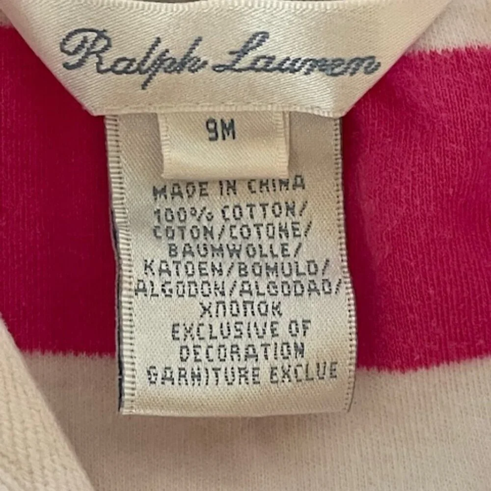 RALPH LAUREN Coverall Romper Long Sleeve Pink White Stripe 9 Mos