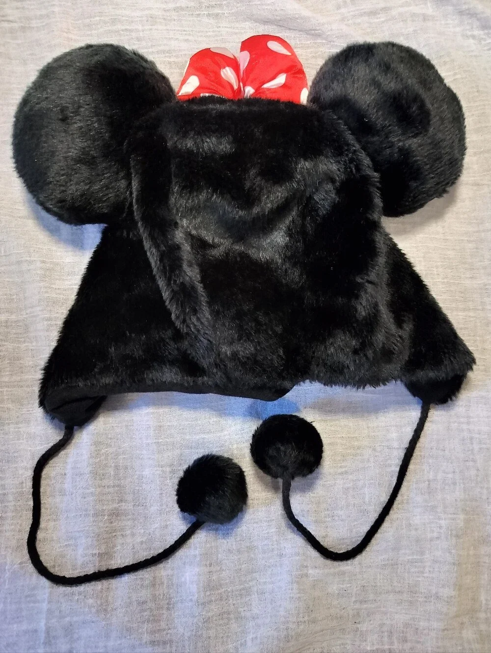 Official Disney Parks Black Faux Minnie Mouse Fur Ear Hat w Red Polka Dot Bow