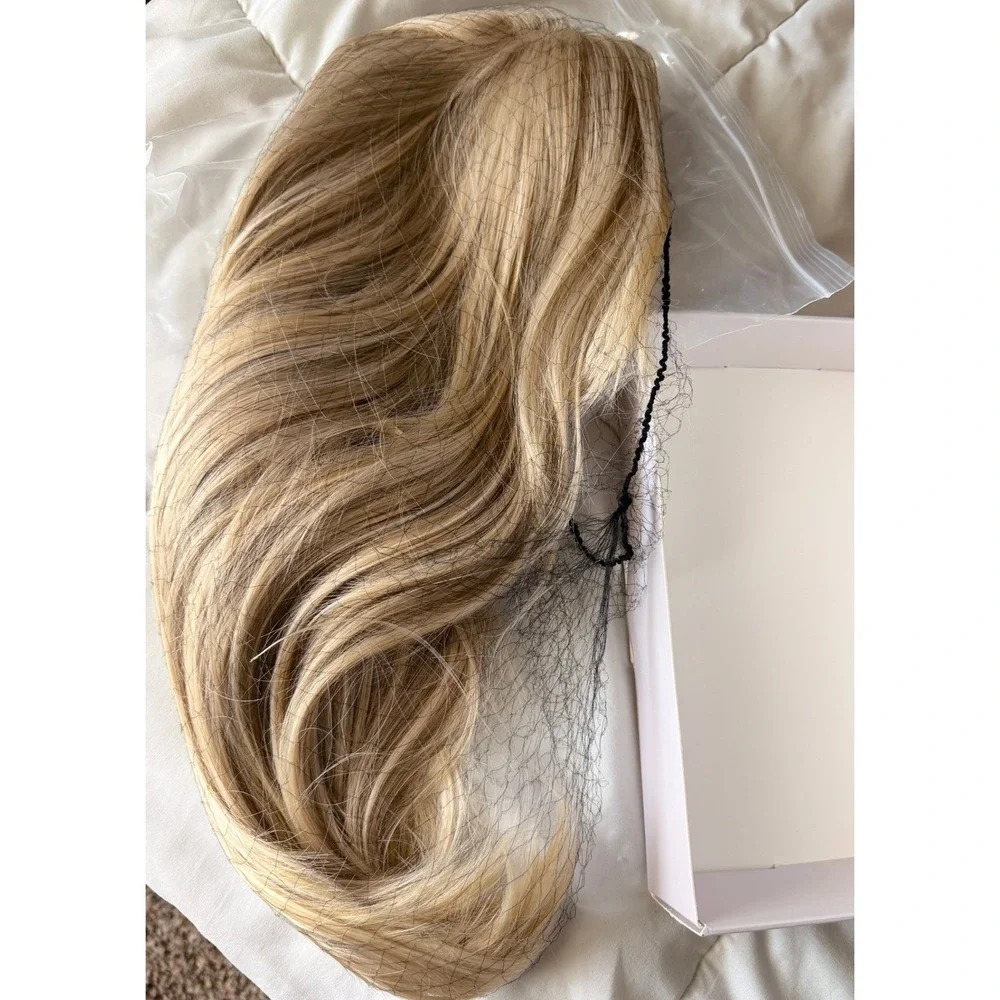 Blonde Synthetic Hair Topper 18 Inch 5x6 Base Clip In Wispy Bangs Layered Piece