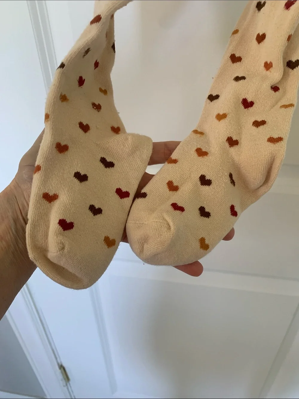 Cream Kids Tights with Multicolor Heart Print