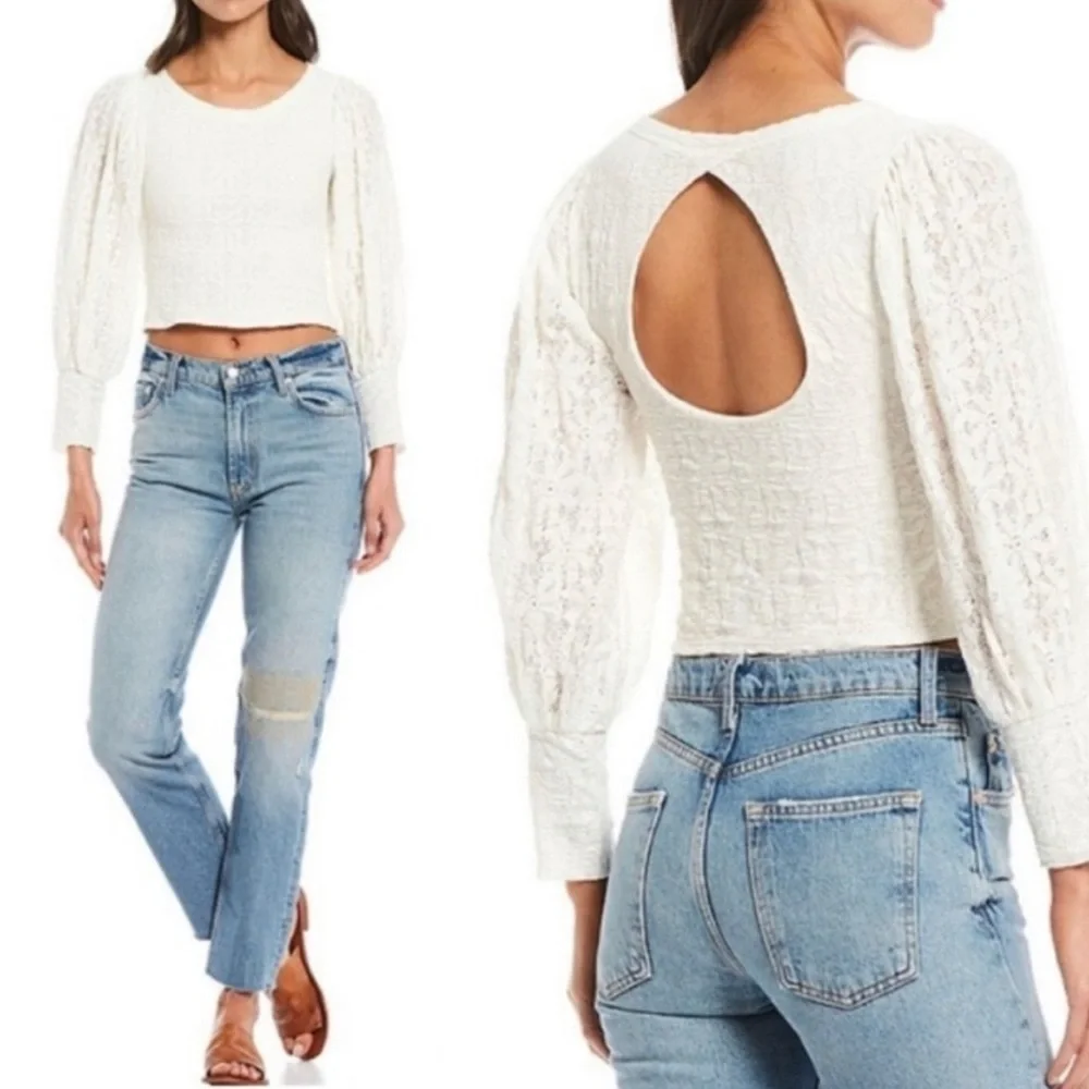 Free People Ivory Lace Puff Sleeve Crop Top with Open Back - Size