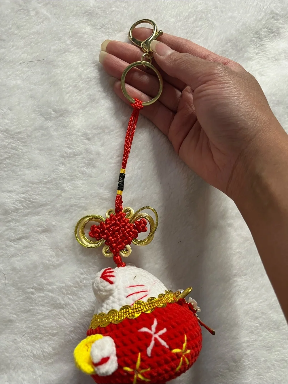 Chinese lucky cat new year Red and White Plush Cat Keychain Charm/car charm