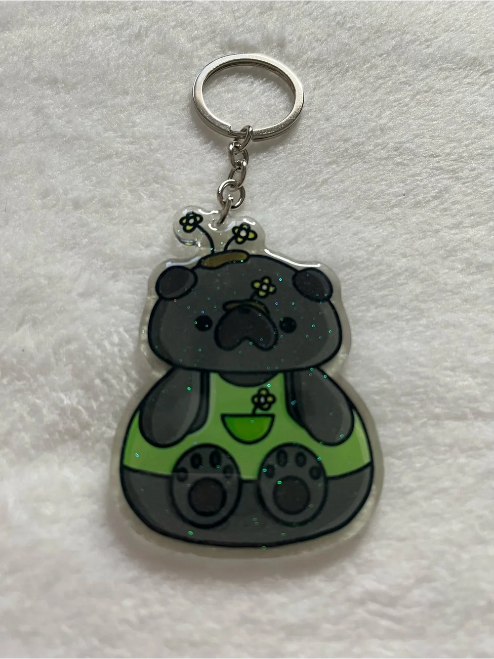Pug black acrylic glitter keychain Cute Keychain with Green Overalls