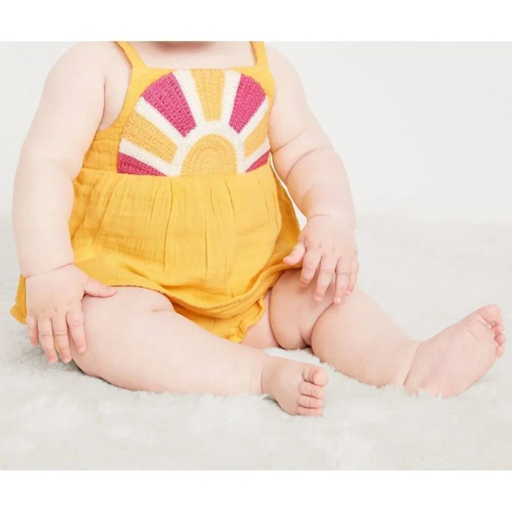 Old Navy 2 Piece Baby Top + Shorts Set Yellow Sun Sleeveless Smock 12-18 months