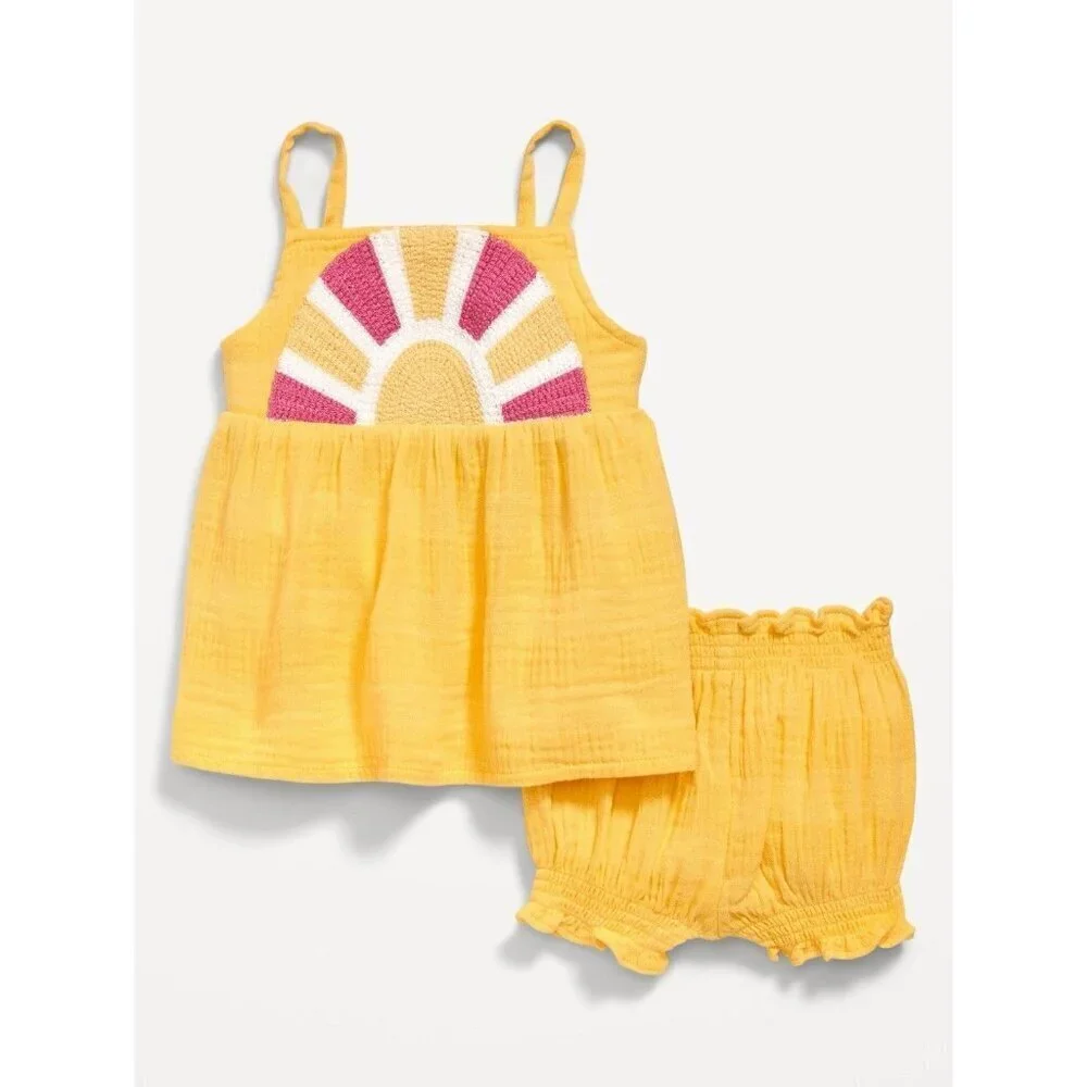Old Navy 2 Piece Baby Top + Shorts Set Yellow Sun Sleeveless Smock 12-18 months
