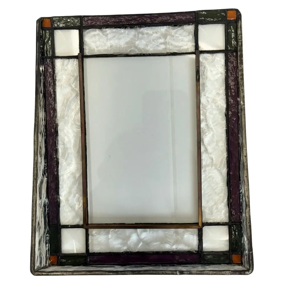 Vintage 80s Stained Glass Photo Frame 4x6 Purple Green Desk Picture Frame
