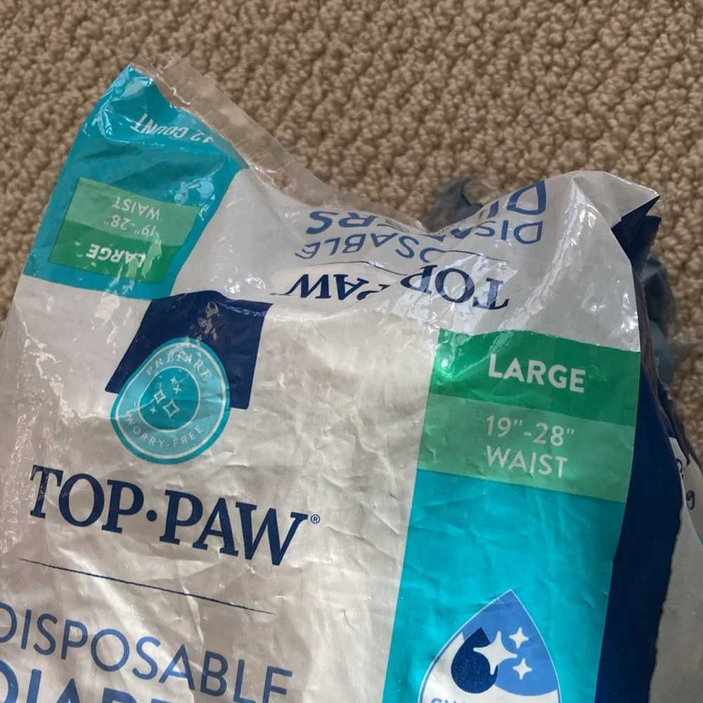 TOP PAW Disposable Diapers Dogs Size Large 7 Count Leak Protection 19”-28” Waist