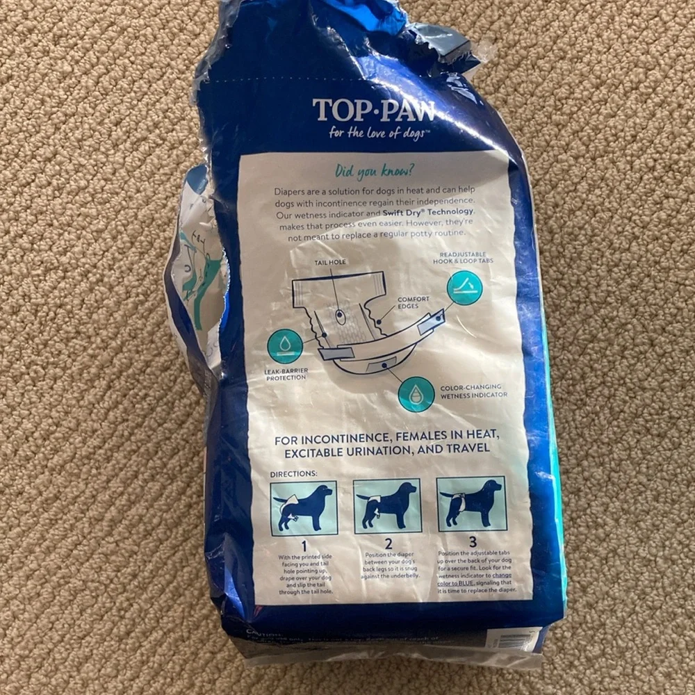 TOP PAW Disposable Diapers Dogs Size Large 7 Count Leak Protection 19”-28” Waist