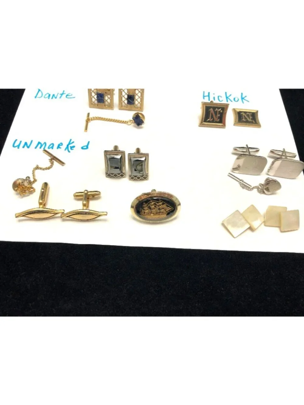 VINTAGE LOT OF CUFF LINKS AND TIE TACS - SWANK, SHIELDS, HICKOK, DANTE