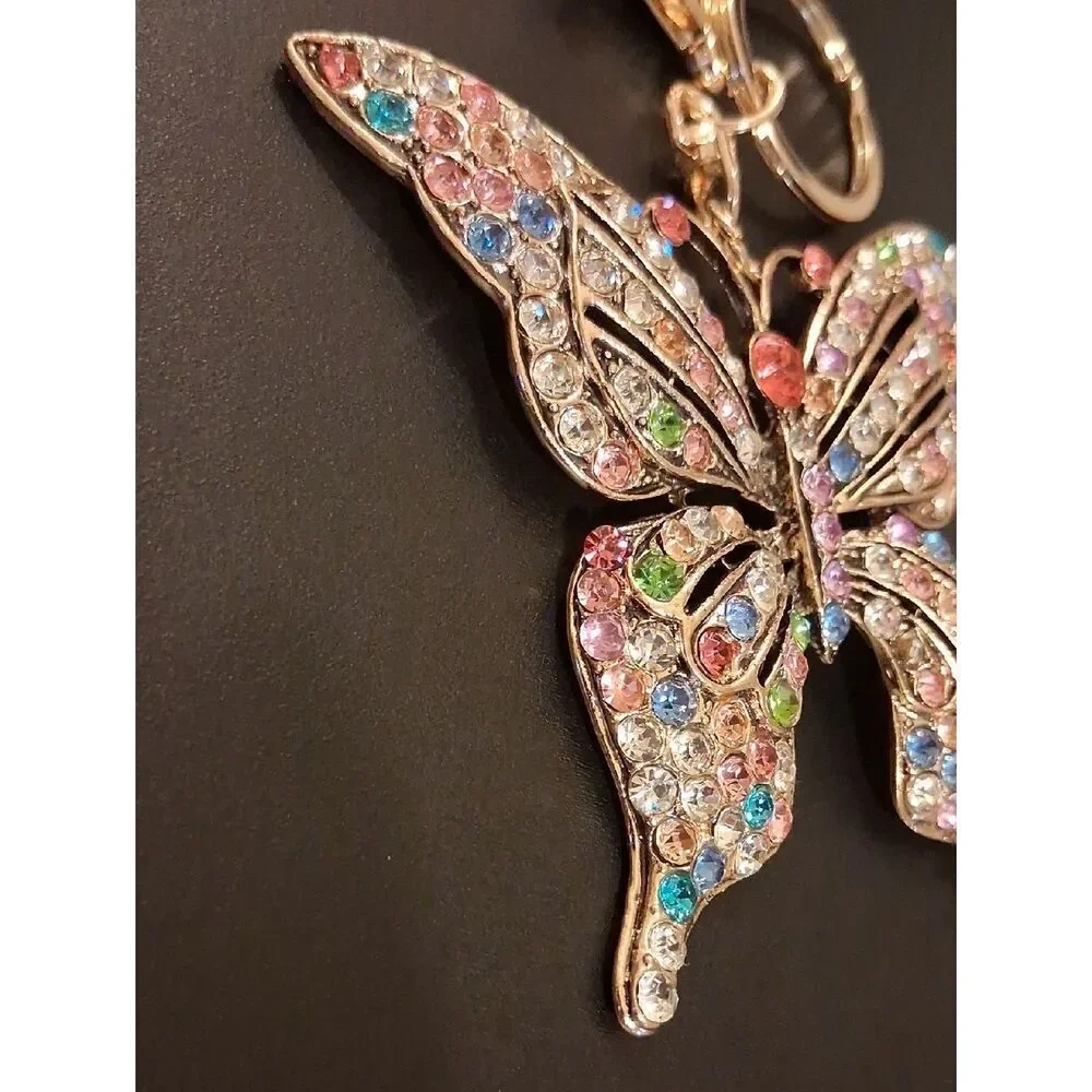 Large Butterfly Keychain With Multicolored Rhinestones. Nickle Free. New