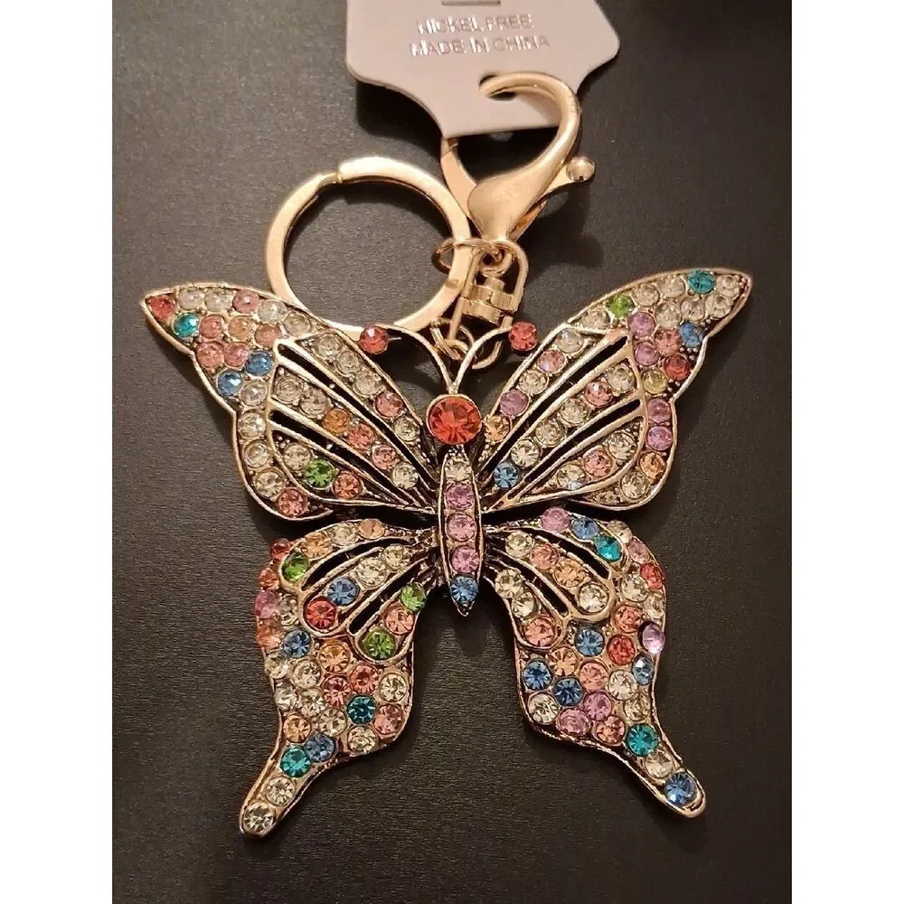 Large Butterfly Keychain With Multicolored Rhinestones. Nickle Free. New