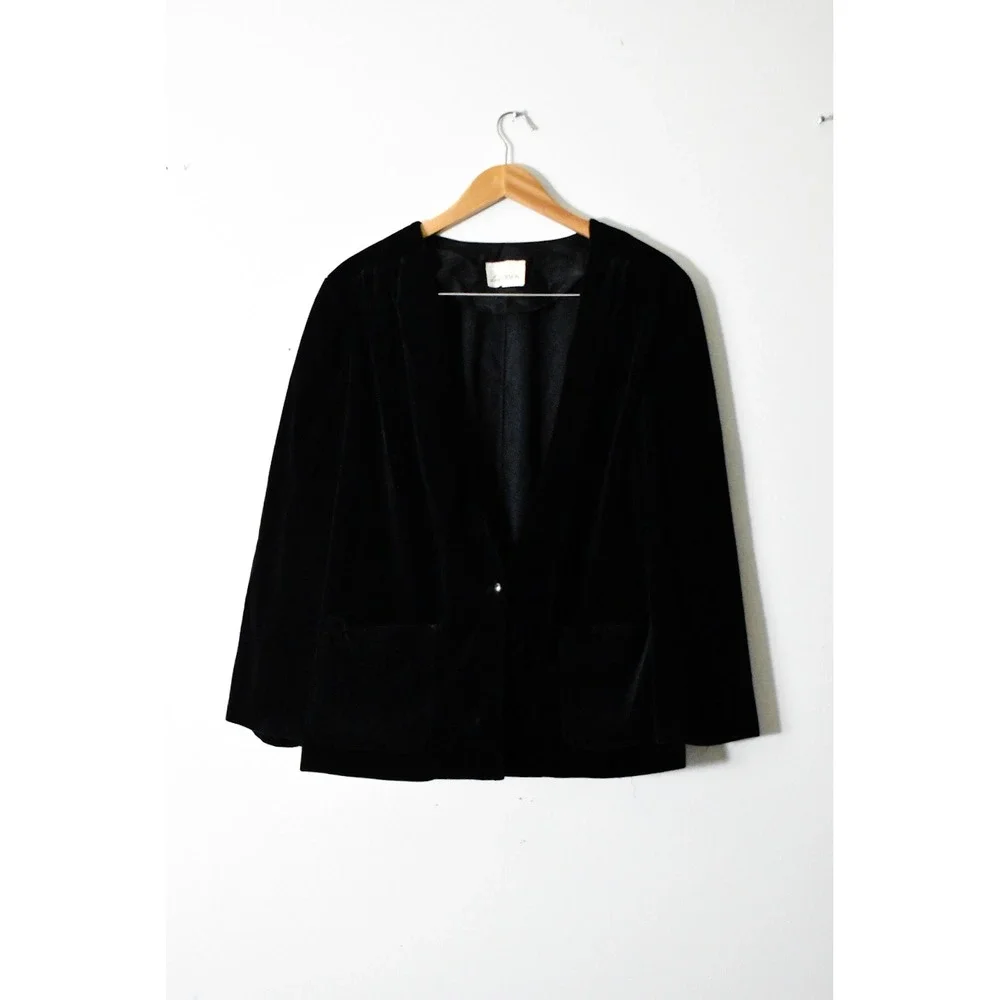 Lady Devon Velvet Blazer Women 40 Black Vintage 80s Collarless Pocket Jacket