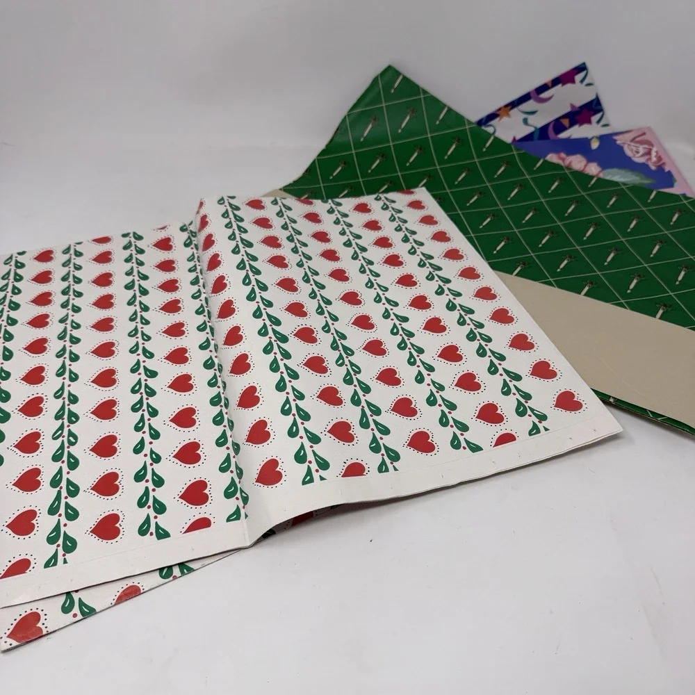 Vintage Lot  Folded Wrapping Paper Gift Wrap Hearts Winter Green Berries