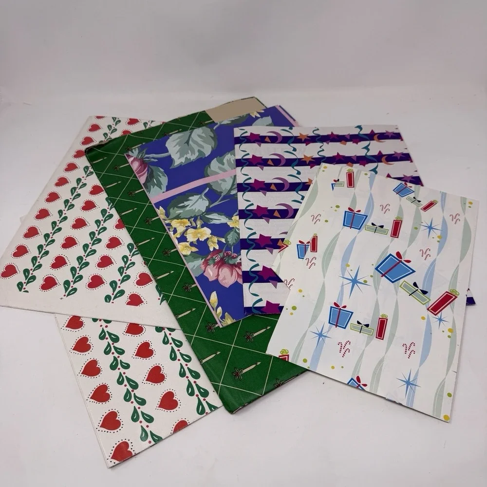 Vintage Lot  Folded Wrapping Paper Gift Wrap Hearts Winter Green Berries