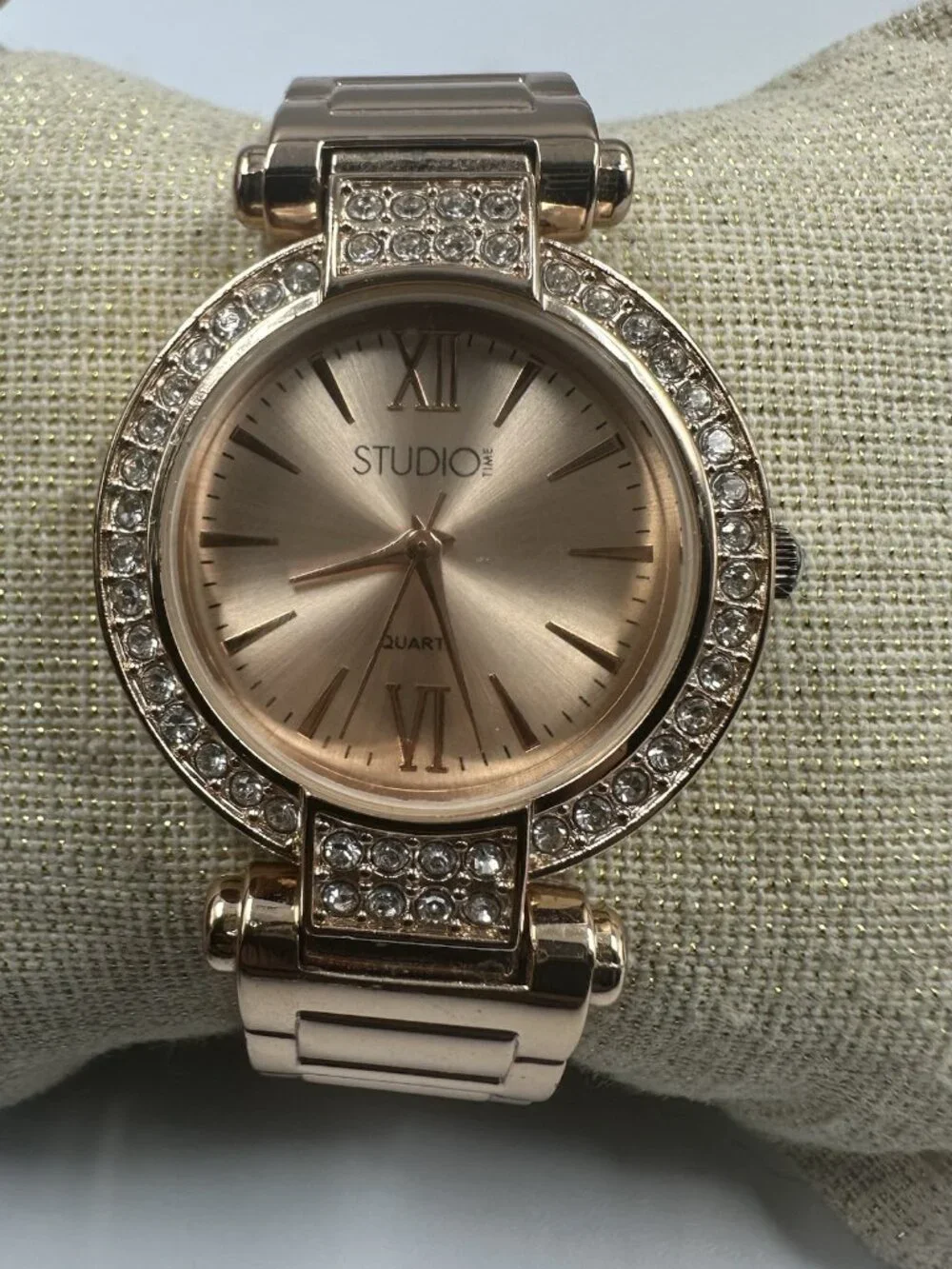 3/$30 Studio Time Watch Women Rose Gold Tone Rhinestone Bezel Cuff Band 6.25