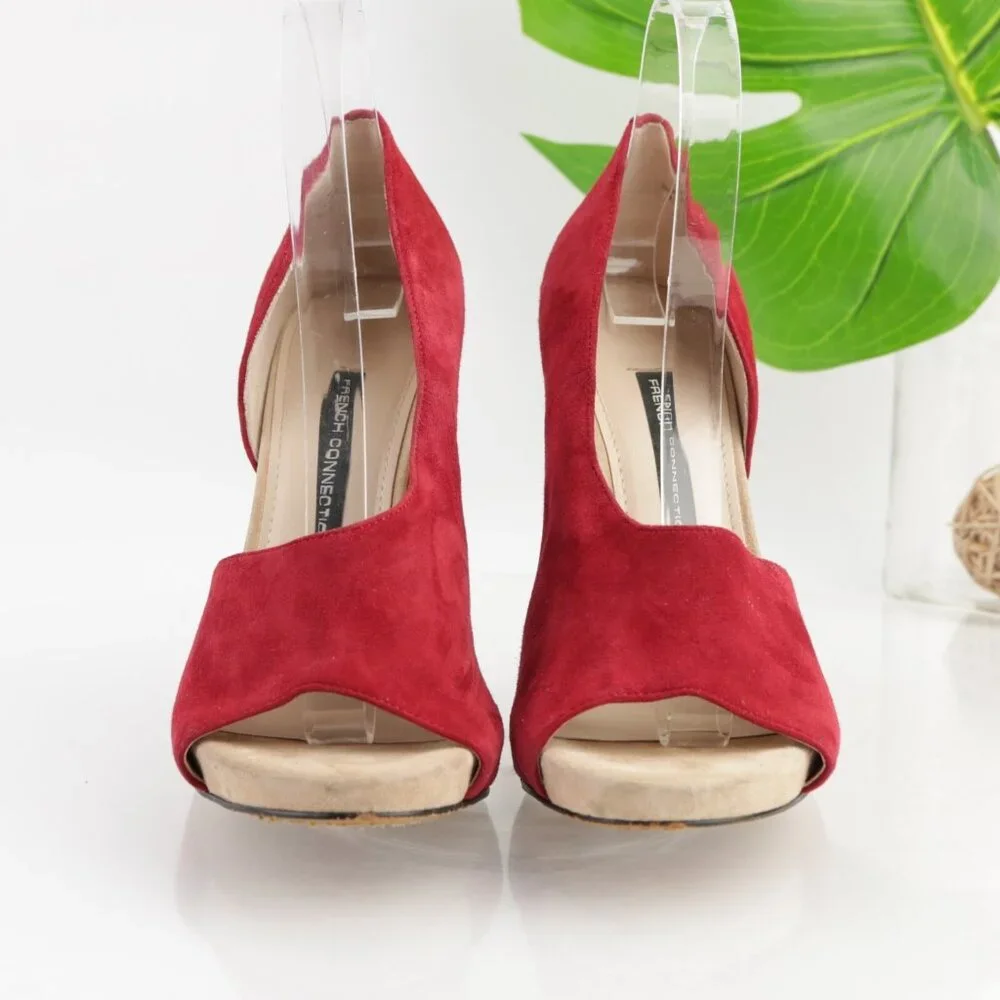 French Connection Womens D'Orsay Pump Size 8 Red Suede High Heel‎ Peep Toe Shoes