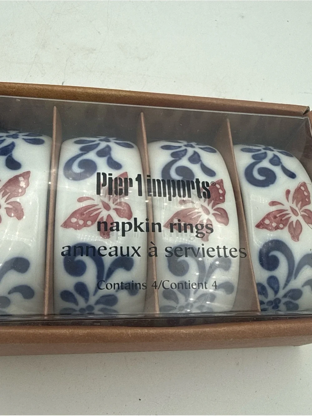 Pier 1 One Butterfly Blue Red Ceramic Napkin Rings Holder Set Of 4
