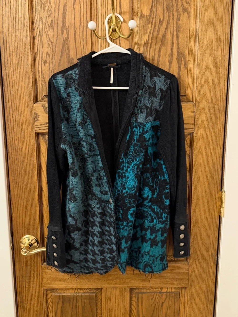 Free People Better Together Teal & Black Patterned Knit Blazer Jacket Medium