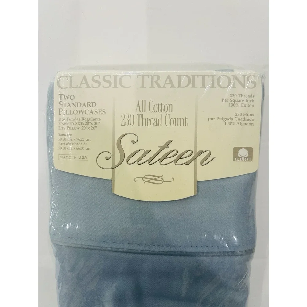 VTG Classic Traditions 2 Standard Sateen Pillowcases 100% Cotton USA Soft Blue