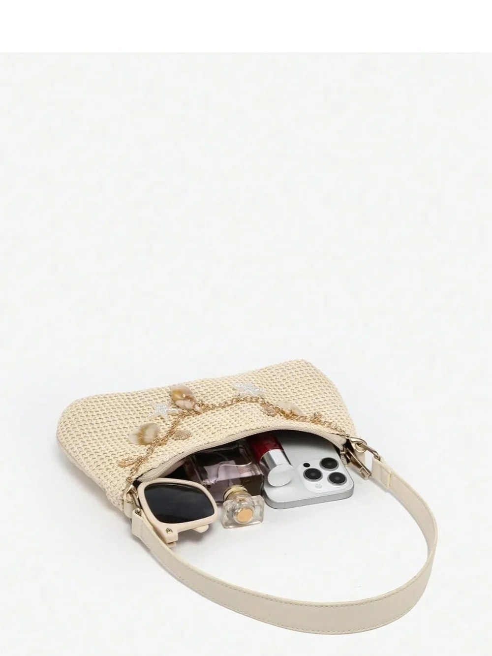 Cream Boho Seashell Beaded Straw Shoulder Bag