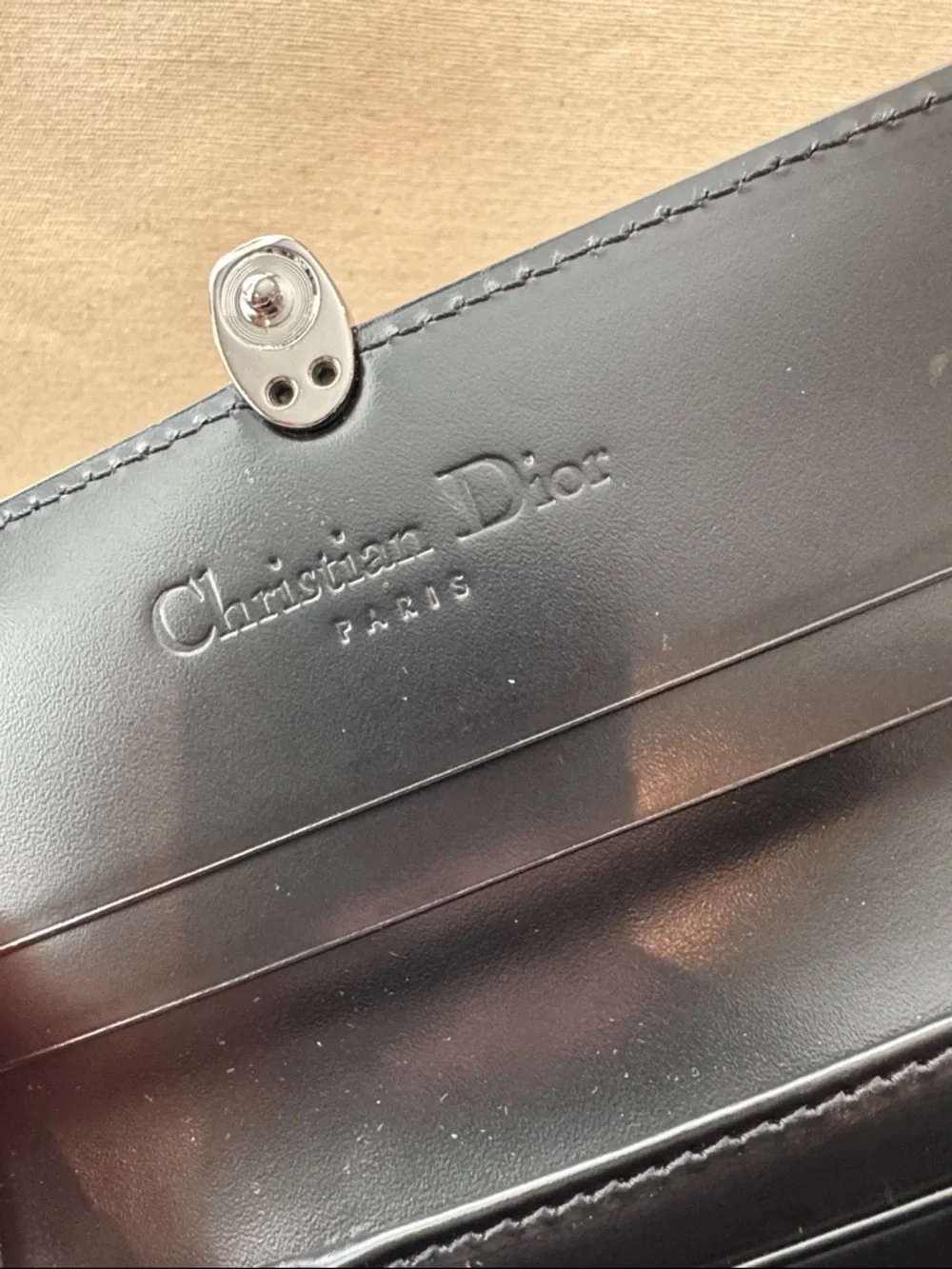 Dior Black Leather Trifold Wallet with Silver-Tone Closure