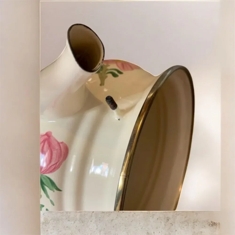 Franciscan Pink Floral Enamel Teapot with Wooden Handle