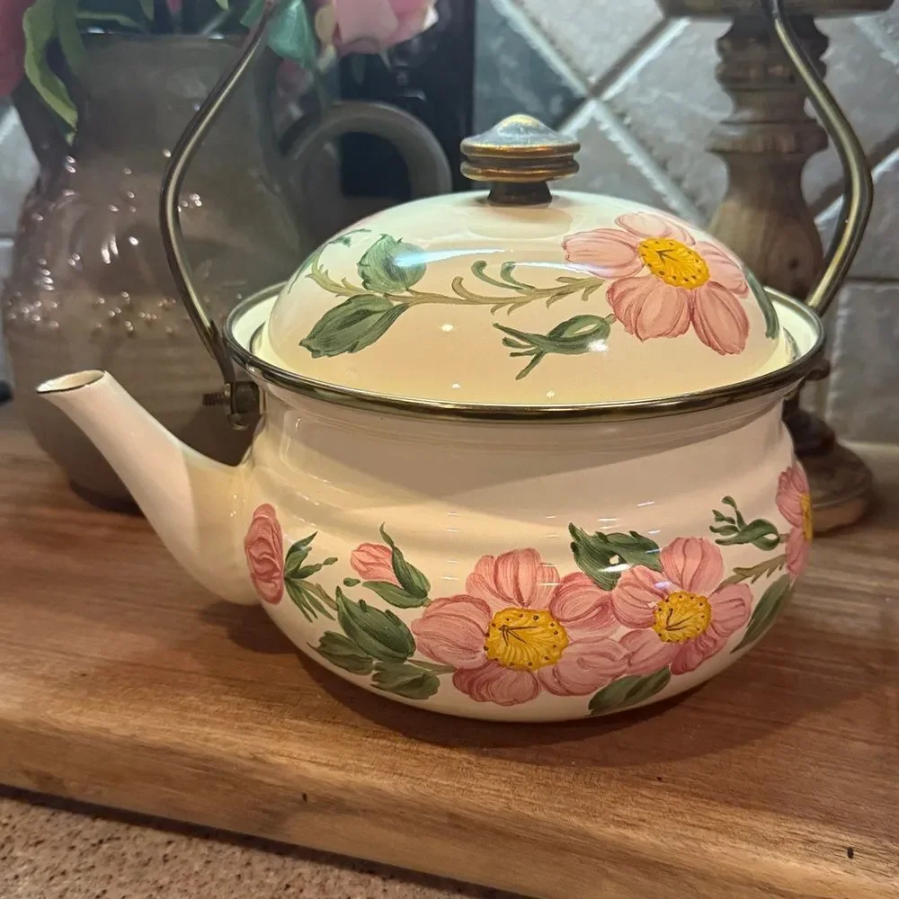 Franciscan Pink Floral Enamel Teapot with Wooden Handle