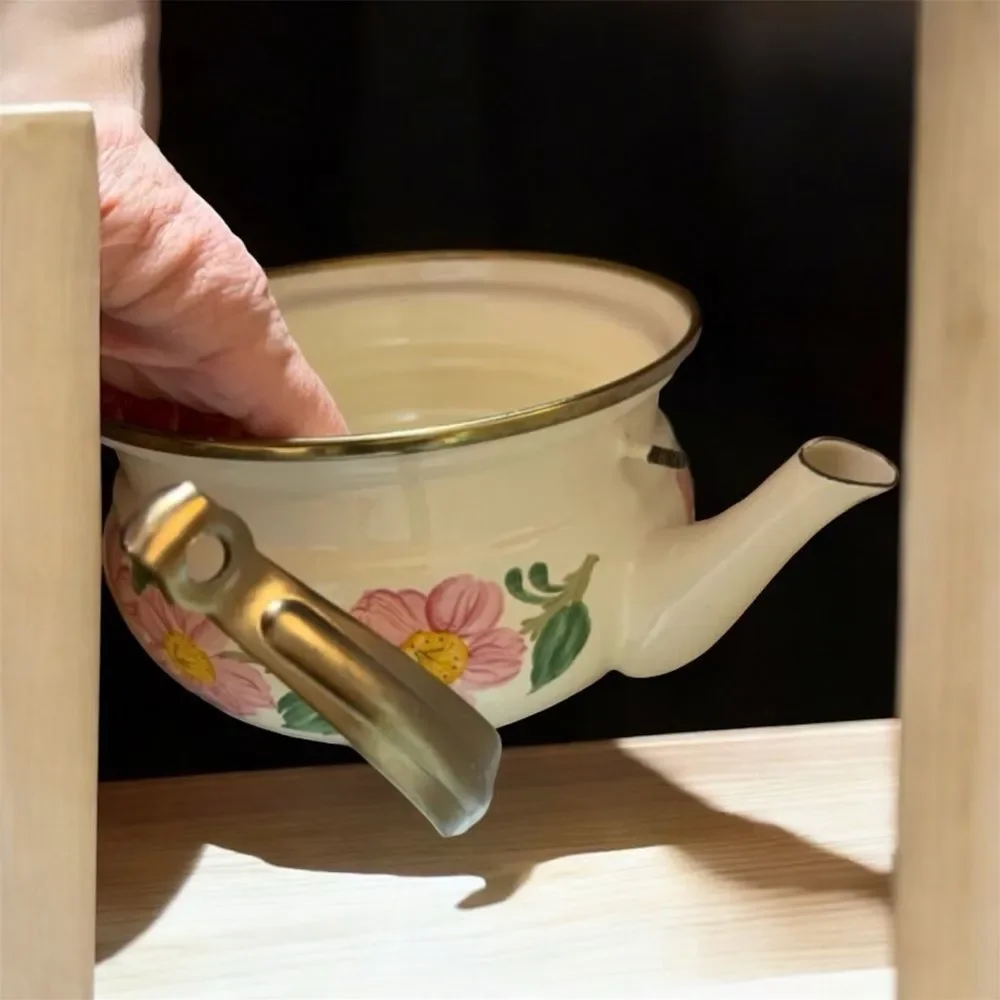 Franciscan Pink Floral Enamel Teapot with Wooden Handle