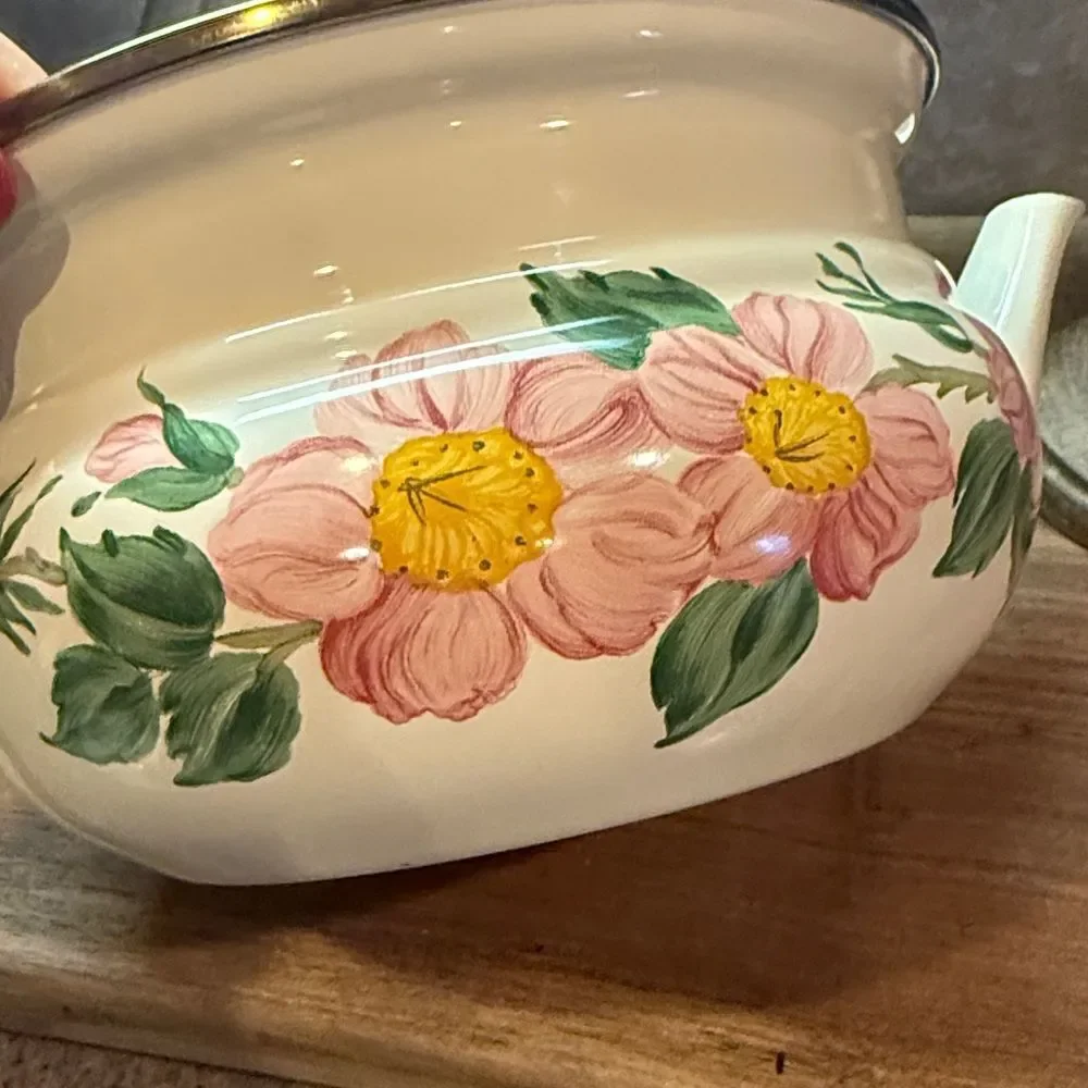 Franciscan Pink Floral Enamel Teapot with Wooden Handle