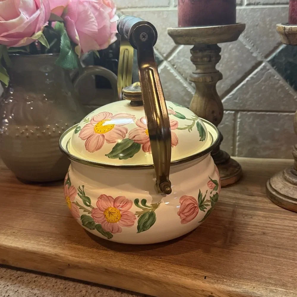 Franciscan Pink Floral Enamel Teapot with Wooden Handle
