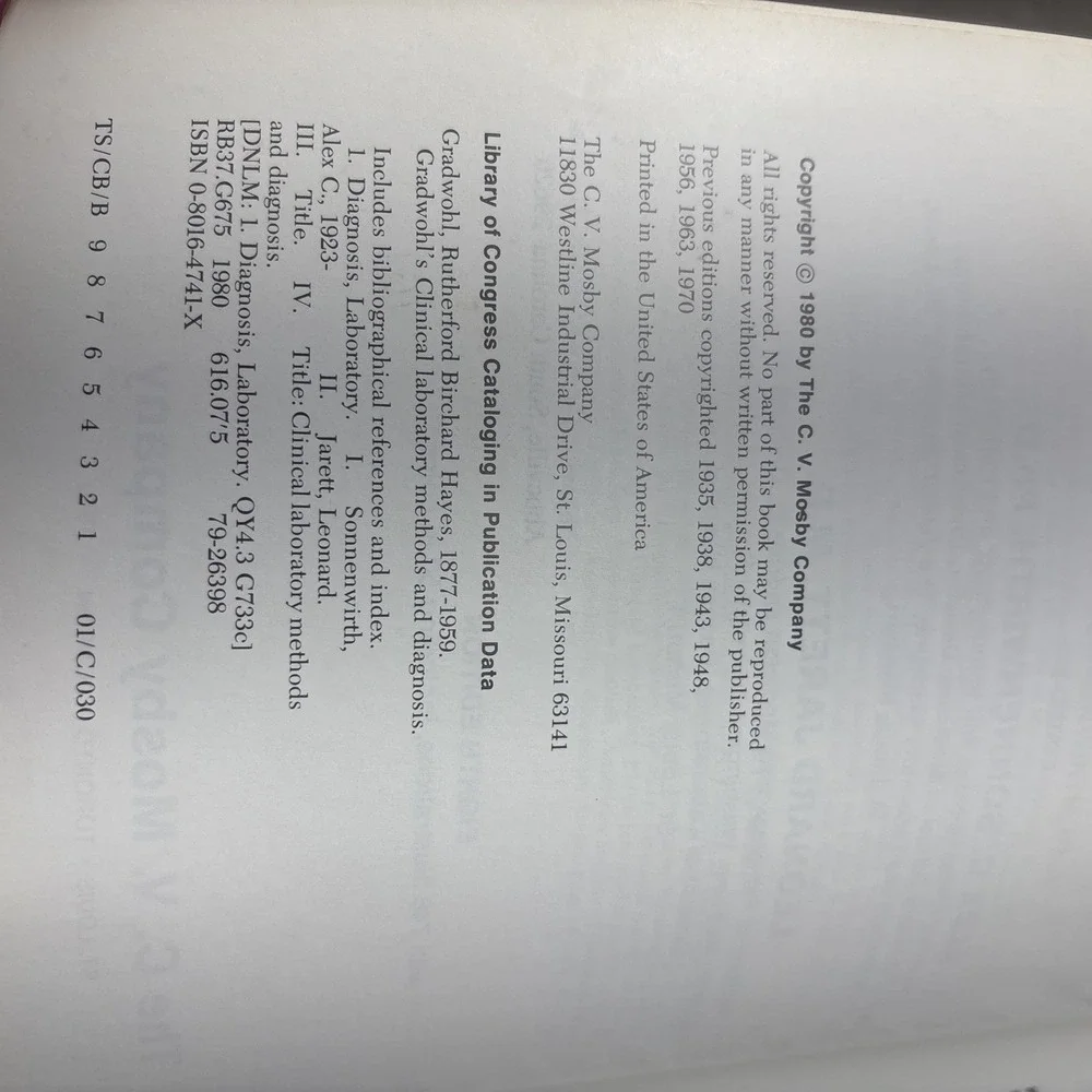 Clinical Laboratory Methods & Diagnosis, Gradwohl, 1980 Hardcover 8th Edition V1