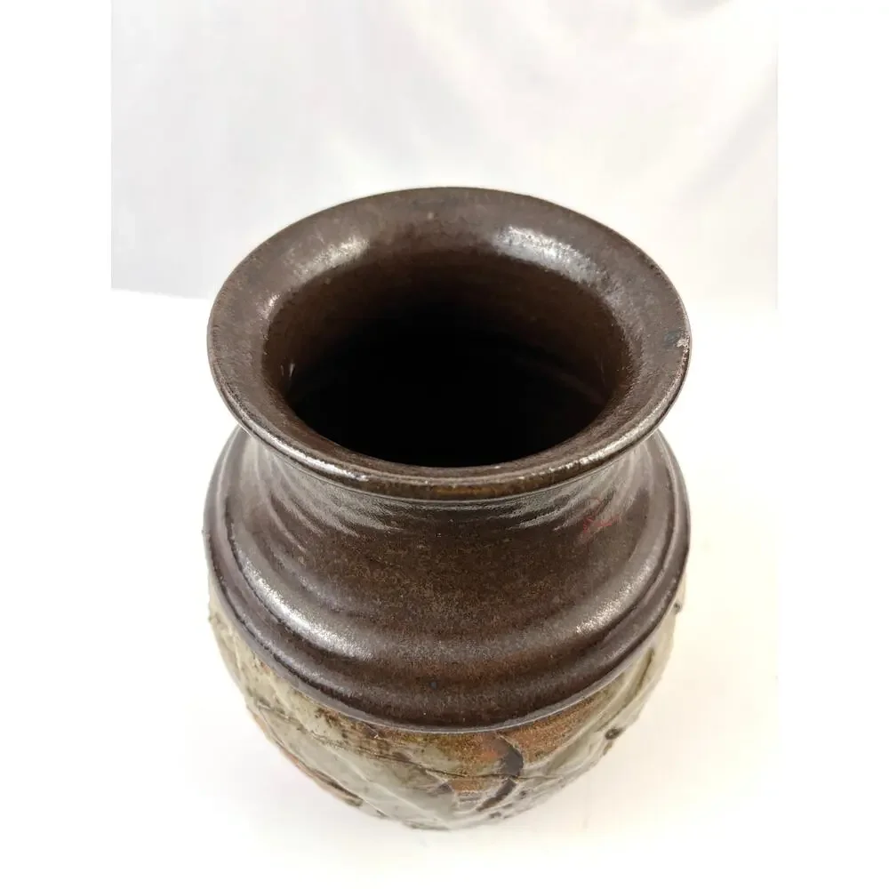 Vintage Studio Art Pottery Vase‎ Impressed Leaf Design Rustic Stoneware Glaze