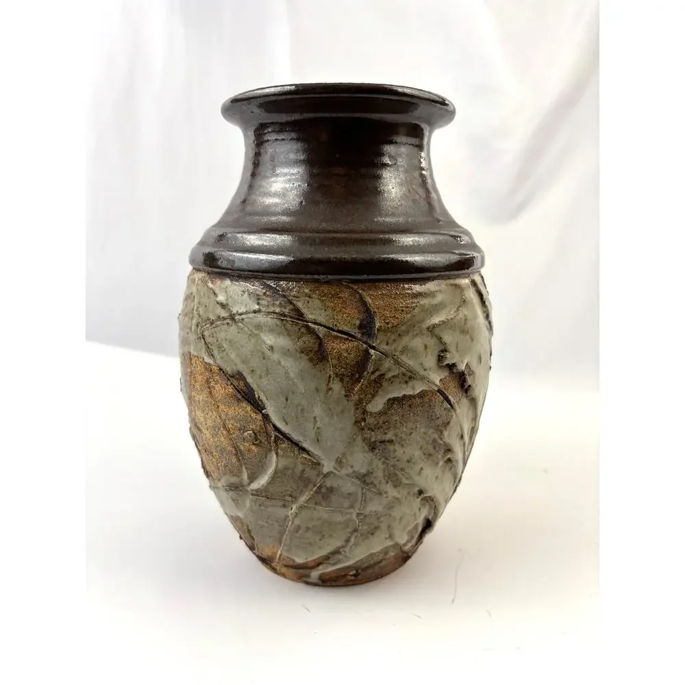 Vintage Studio Art Pottery Vase‎ Impressed Leaf Design Rustic Stoneware Glaze