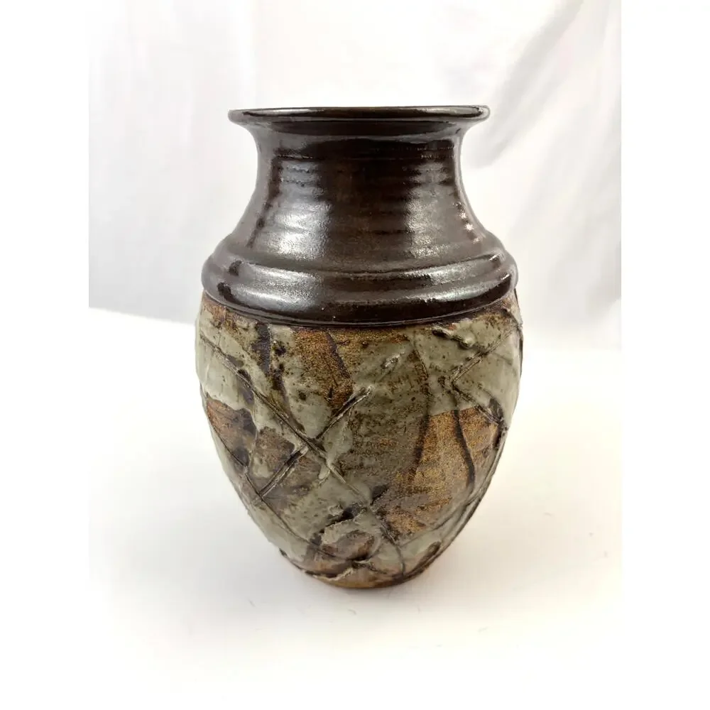 Vintage Studio Art Pottery Vase‎ Impressed Leaf Design Rustic Stoneware Glaze