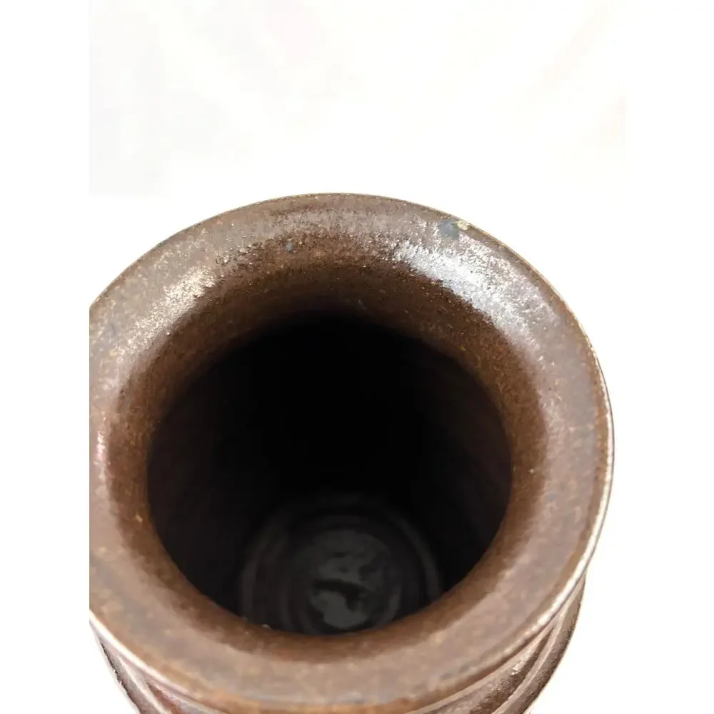 Vintage Studio Art Pottery Vase‎ Impressed Leaf Design Rustic Stoneware Glaze