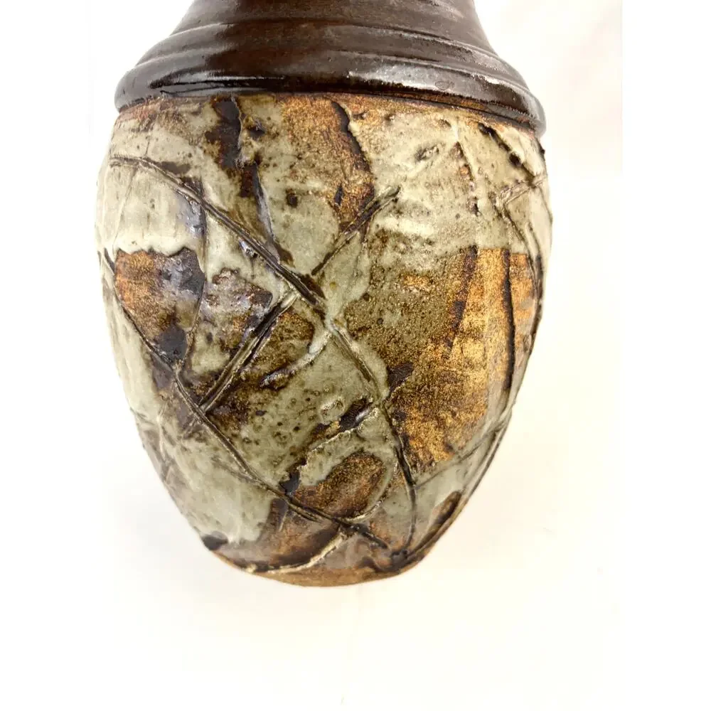 Vintage Studio Art Pottery Vase‎ Impressed Leaf Design Rustic Stoneware Glaze