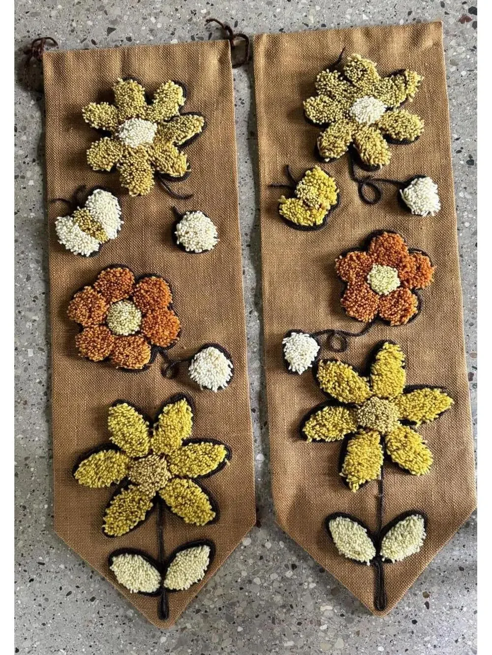 Groovy Vintage 1970s Latch Hook Burlap Wall Hangings - Pair