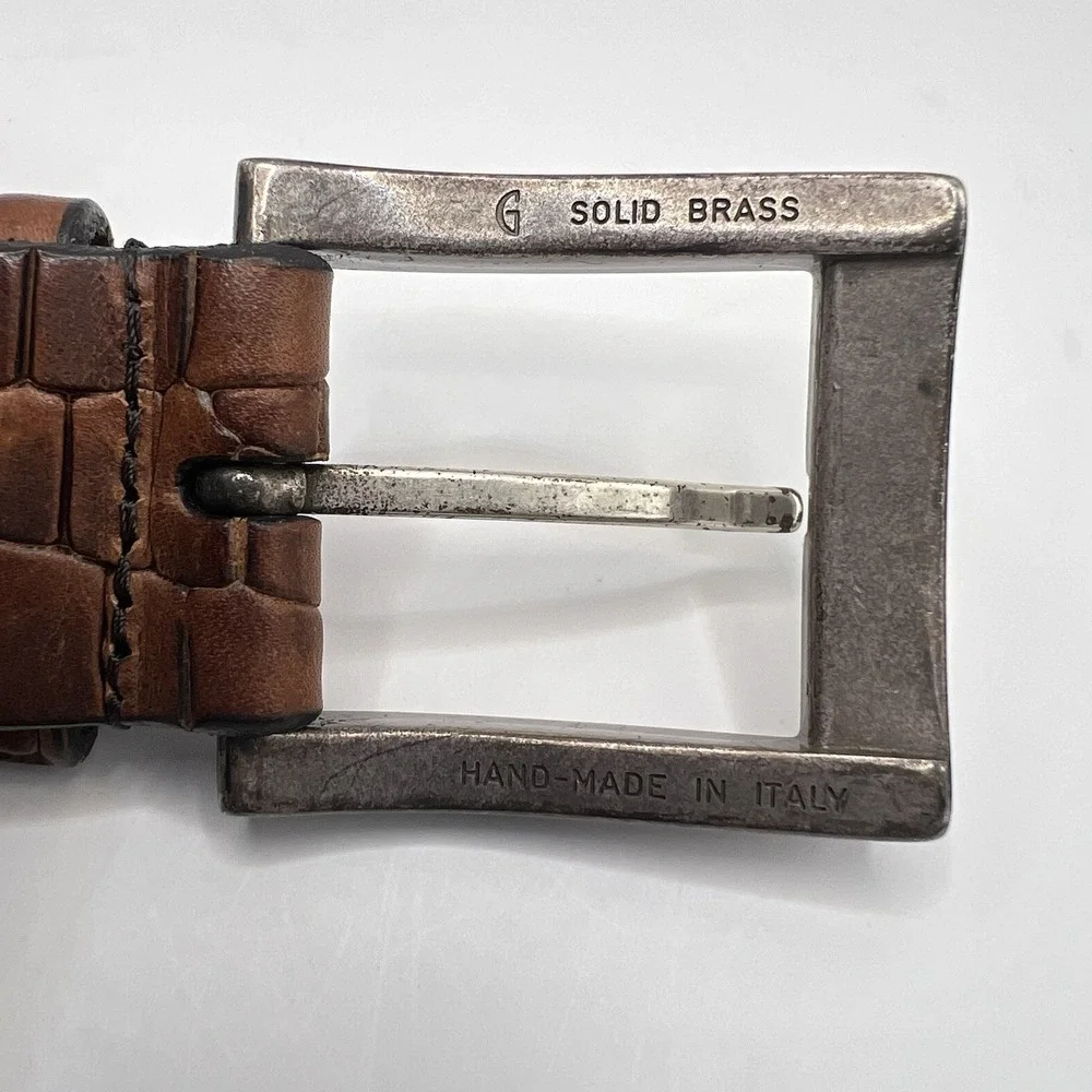 Allen Edmonds Handcrafted USA Leather Belt Brass Buckle Italy 36 Brown Reptile