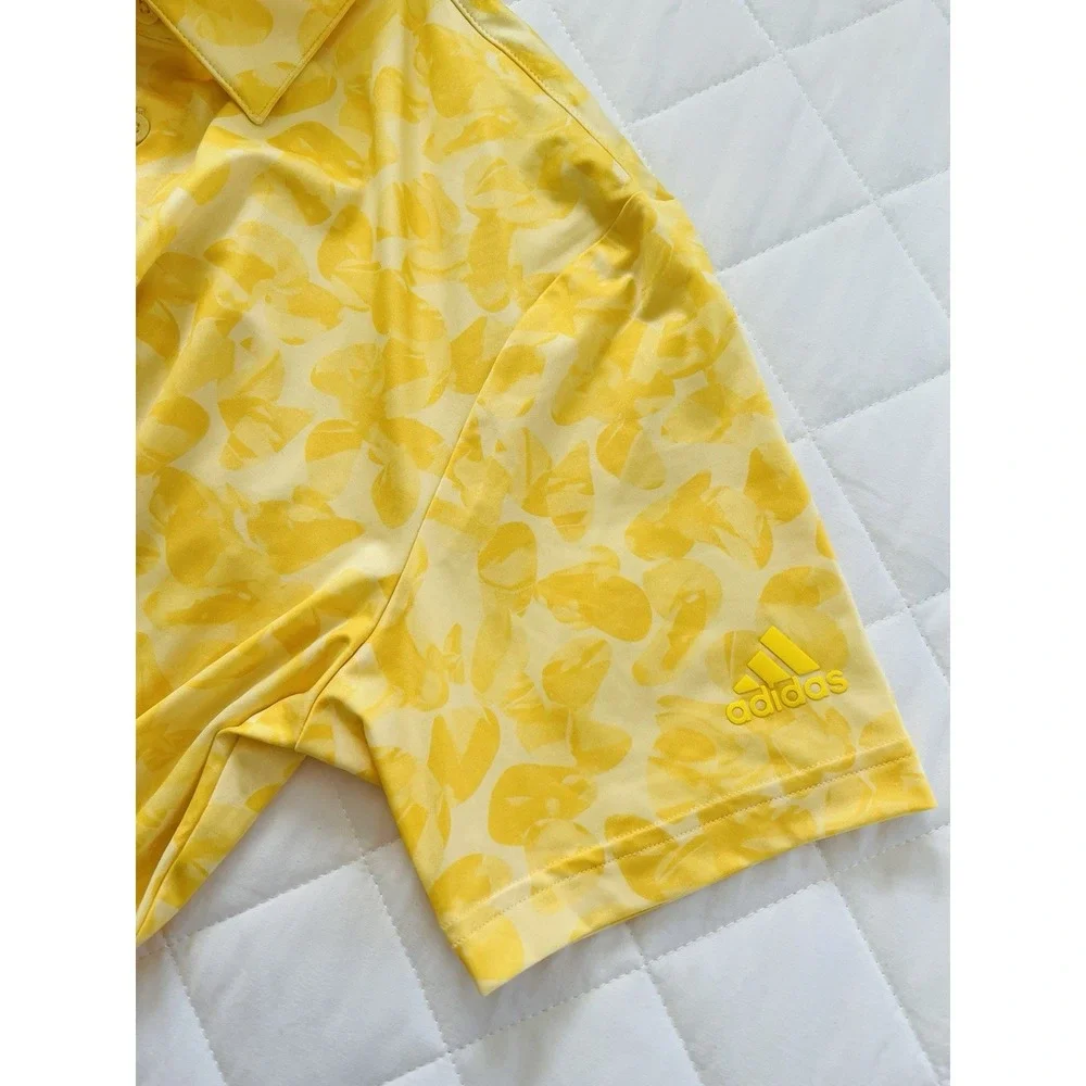 Adidas Mens Size‎ S Yellow Golf Polo Shirt Floral Print Performance Stretch Tee