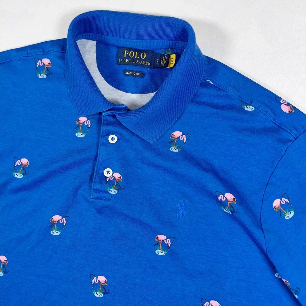 Polo Ralph Lauren Men Classic Fit Blue Flamingo Print Short Sleeve Polo Shirt‎ L
