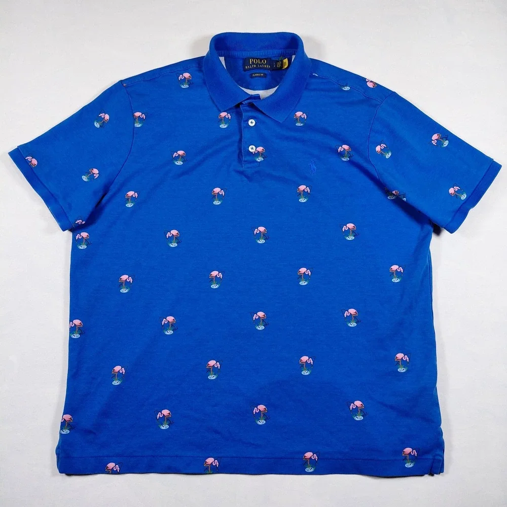 Polo Ralph Lauren Men Classic Fit Blue Flamingo Print Short Sleeve Polo Shirt‎ L