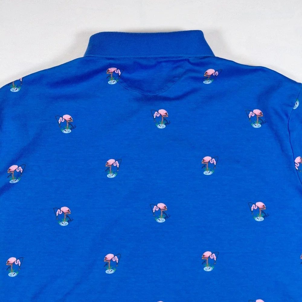 Polo Ralph Lauren Men Classic Fit Blue Flamingo Print Short Sleeve Polo Shirt‎ L