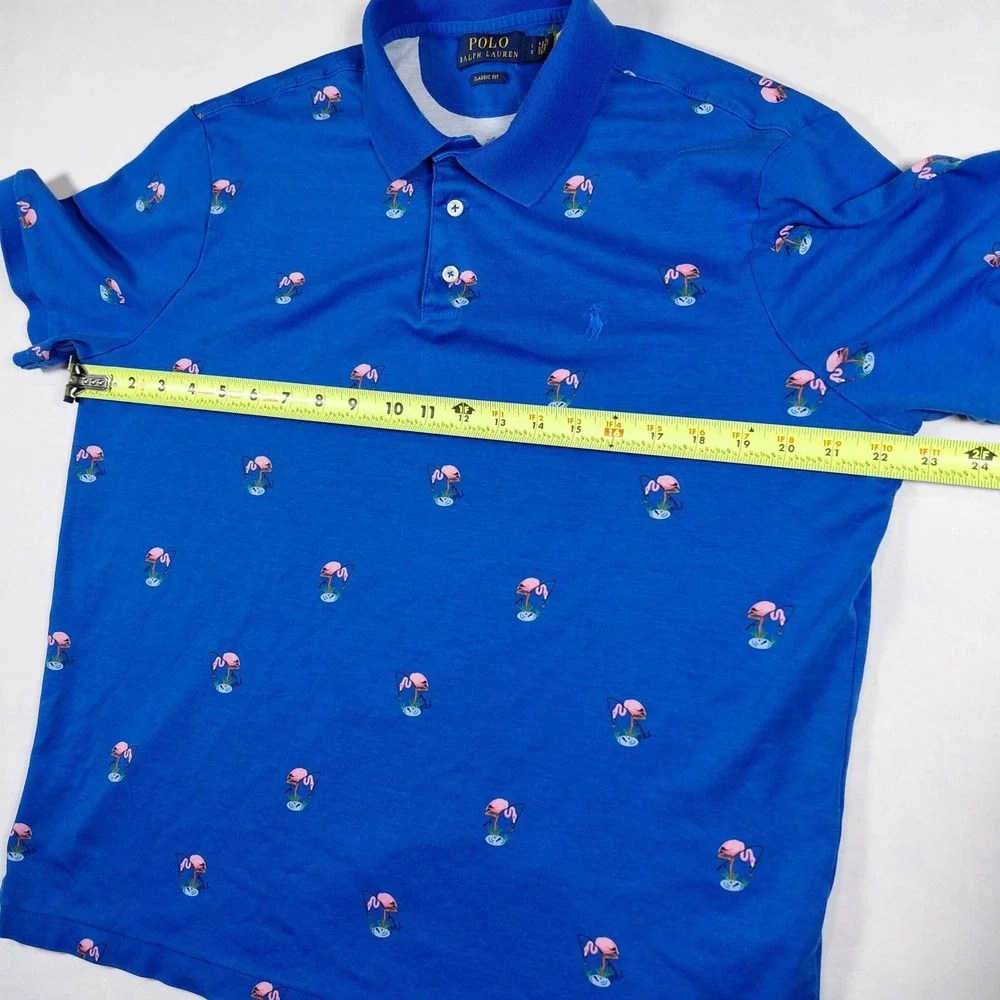 Polo Ralph Lauren Men Classic Fit Blue Flamingo Print Short Sleeve Polo Shirt‎ L