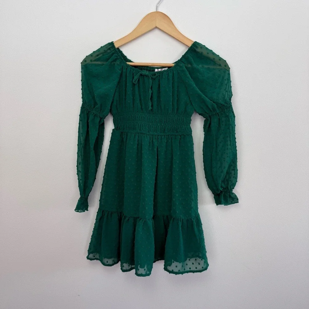 NWT Green Swiss Dot Mesh Long-Sleeve Tiered Puff Sleeve Mini Dress Girls Size 8