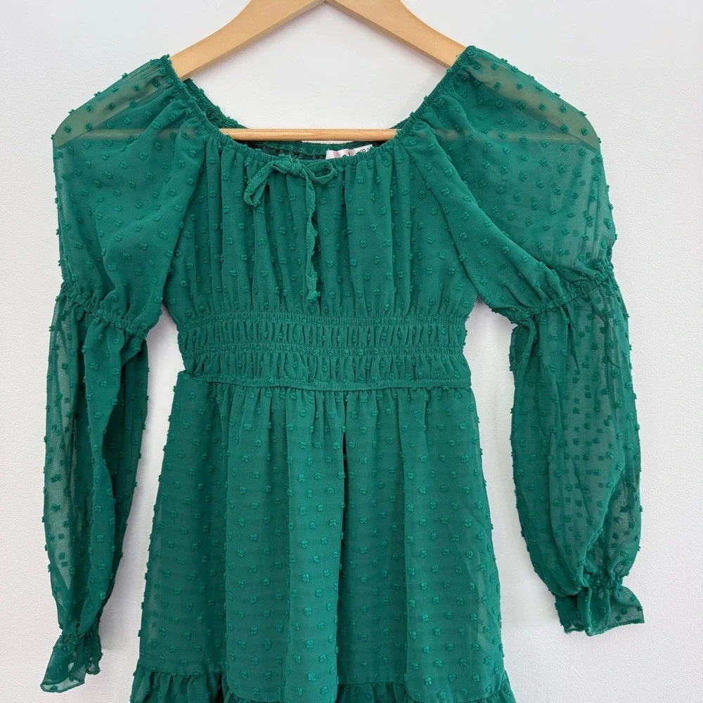 NWT Green Swiss Dot Mesh Long-Sleeve Tiered Puff Sleeve Mini Dress Girls Size 8