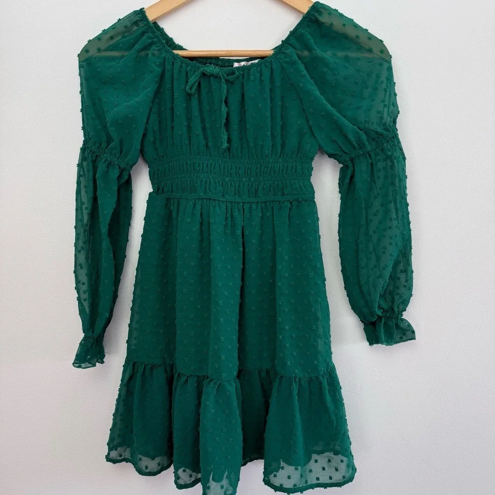 NWT Green Swiss Dot Mesh Long-Sleeve Tiered Puff Sleeve Mini Dress Girls Size 8
