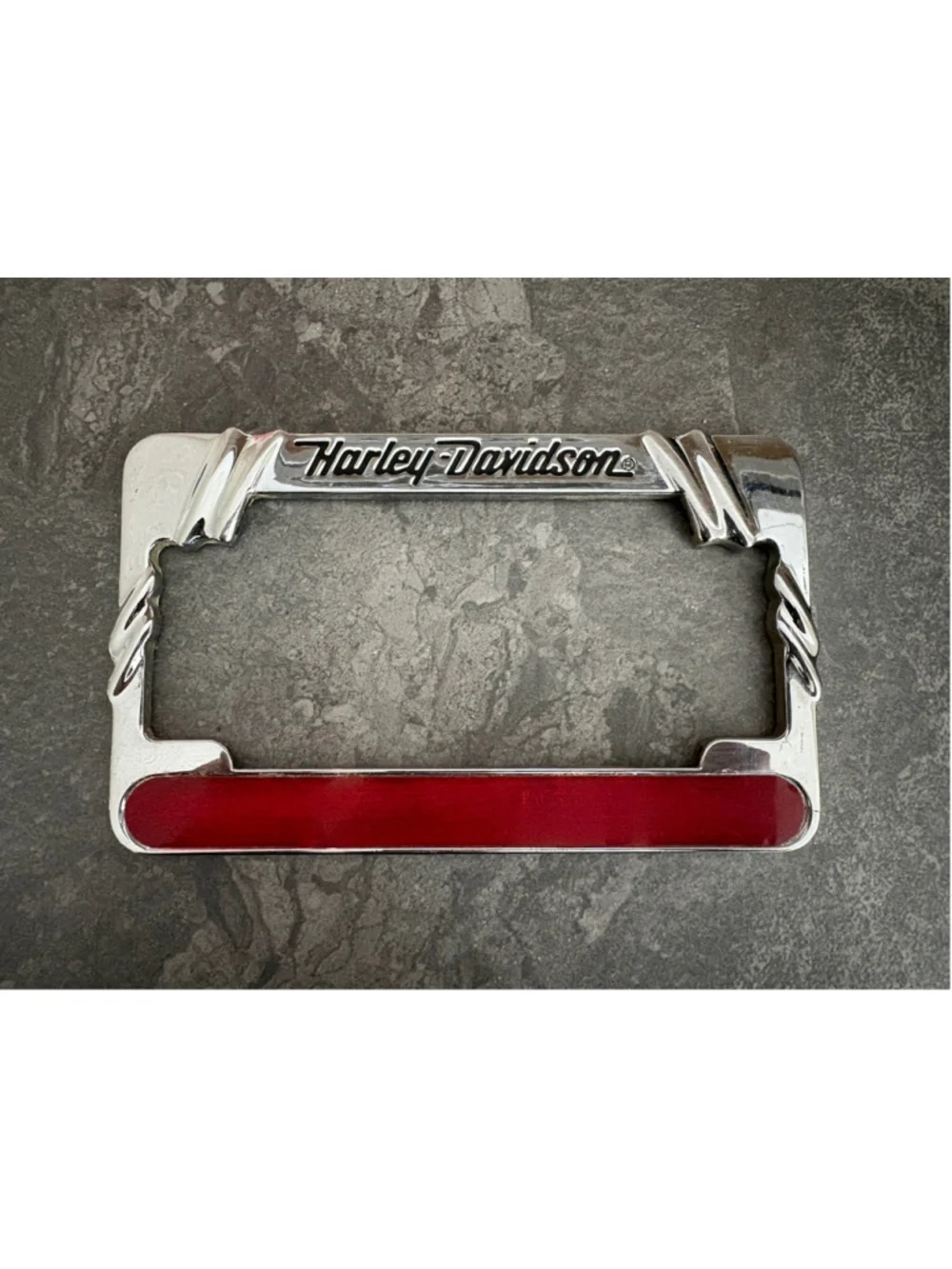 Chrome Harley Davidson License Plate Frame Holder with Red Reflective Strip