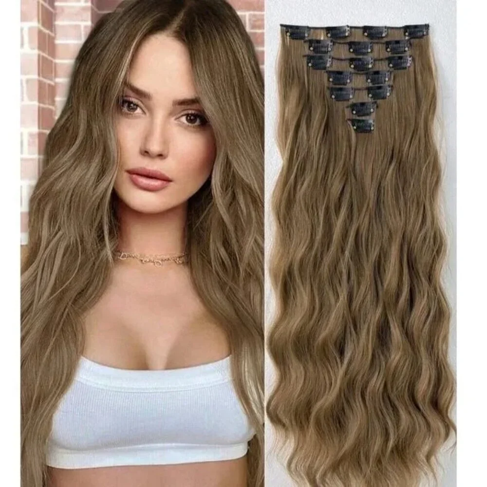 Ash light Brown Clip in 22 in Hair Extensions in Water Wave Human hair blend